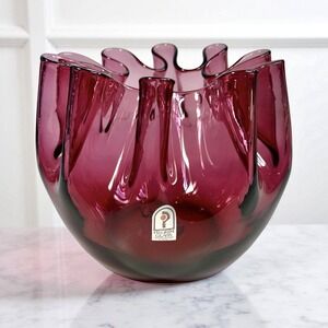 VTG Pilgrim Glass Cranberry Ruffled‎ Vase Bowl 5.5" Hand Blown Art Glass w/Label